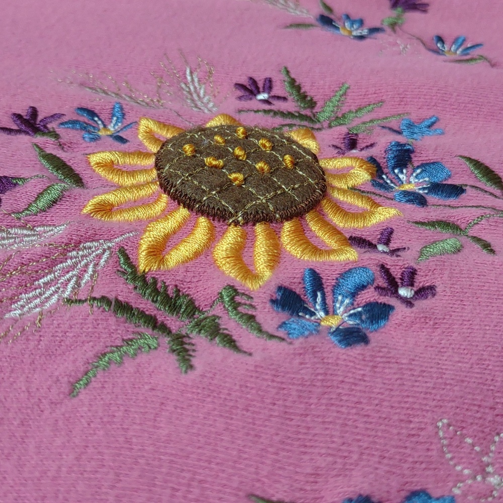 Basic Editions Pink Soft LS Roll Collar Sunflower Raised Design Sweatshirt - Picture 8 of 11